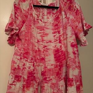 beachlunchlounge Pink Tie-Dye V-Neck Tiered Tunic